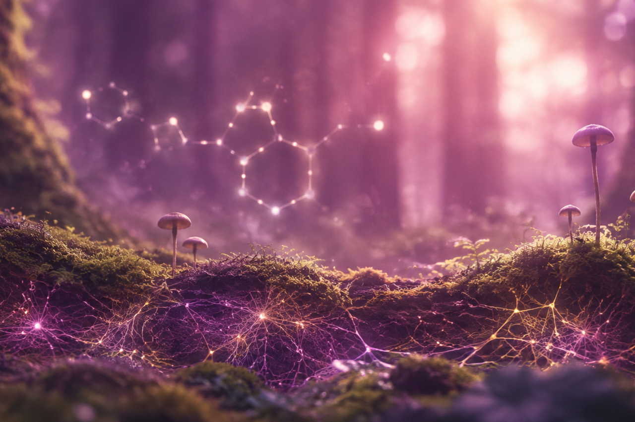 Psilocybin-Molekül im Wald zur Visualisierung von was ist Psilocybin